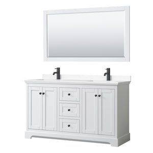 Avery 60 Inch Double Bathroom Vanity in White White Cultured Marble Countertop Undermount Square Sinks Matte Black Trim 58 Inch Mirror