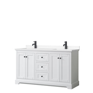 Avery 60 Inch Double Bathroom Vanity in White White Cultured Marble Countertop Undermount Square Sinks Matte Black Trim