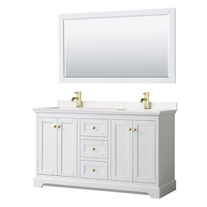 Avery 60 Inch Double Bathroom Vanity in White Carrara Cultured Marble Countertop Undermount Square Sinks 58 Inch Mirror Brushed Gold Trim