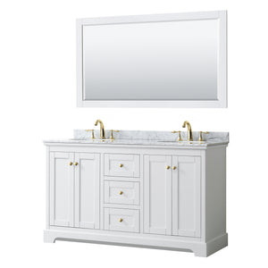 Avery 60 Inch Double Bathroom Vanity in White White Carrara Marble Countertop Undermount Oval Sinks 58 Inch Mirror Brushed Gold Trim