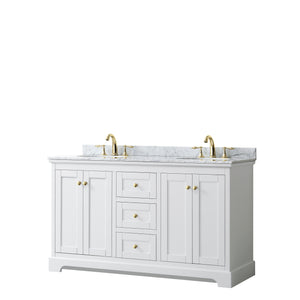 Avery 60 Inch Double Bathroom Vanity in White White Carrara Marble Countertop Undermount Oval Sinks Brushed Gold Trim
