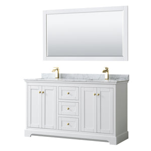 Avery 60 Inch Double Bathroom Vanity in White White Carrara Marble Countertop Undermount Square Sinks 58 Inch Mirror Brushed Gold Trim