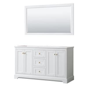 Avery 60 Inch Double Bathroom Vanity in White No Countertop No Sinks 58 Inch Mirror Brushed Gold Trim