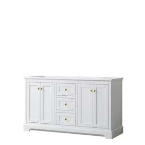 Avery 60 Inch Double Bathroom Vanity in White No Countertop No Sinks Brushed Gold Trim