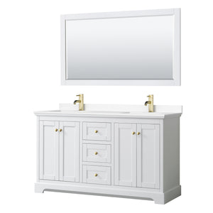 Avery 60 Inch Double Bathroom Vanity in White White Cultured Marble Countertop Undermount Square Sinks 58 Inch Mirror Brushed Gold Trim