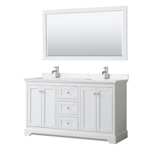 Avery 60 Inch Double Bathroom Vanity in White Carrara Cultured Marble Countertop Undermount Square Sinks 58 Inch Mirror