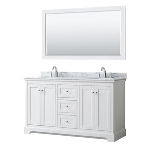 Avery 60 Inch Double Bathroom Vanity in White White Carrara Marble Countertop Undermount Oval Sinks and 58 Inch Mirror