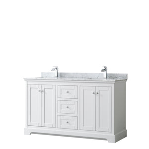 Avery 60 Inch Double Bathroom Vanity in White White Carrara Marble Countertop Undermount Square Sinks and No Mirror