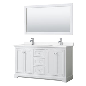 Avery 60 Inch Double Bathroom Vanity in White White Cultured Marble Countertop Undermount Square Sinks 58 Inch Mirror