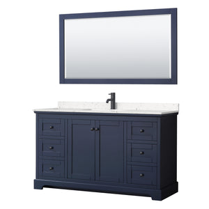Avery 60 Inch Single Bathroom Vanity in Dark Blue Carrara Cultured Marble Countertop Undermount Square Sink Matte Black Trim 58 Inch Mirror