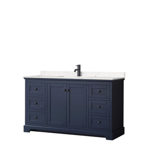 Avery 60 Inch Single Bathroom Vanity in Dark Blue Carrara Cultured Marble Countertop Undermount Square Sink Matte Black Trim
