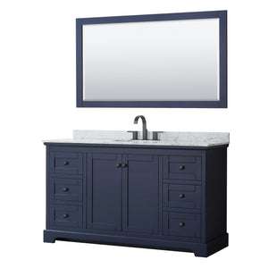 Avery 60 Inch Single Bathroom Vanity in Dark Blue White Carrara Marble Countertop Undermount Oval Sink Matte Black Trim 58 Inch Mirror