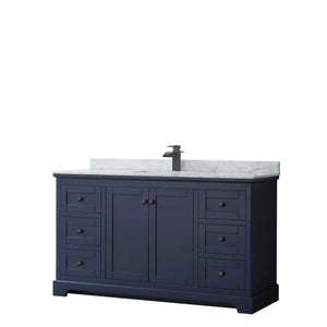 Avery 60 Inch Single Bathroom Vanity in Dark Blue White Carrara Marble Countertop Undermount Square Sink Matte Black Trim