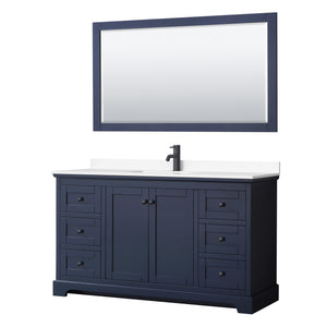 Avery 60 Inch Single Bathroom Vanity in Dark Blue White Cultured Marble Countertop Undermount Square Sink Matte Black Trim 58 Inch Mirror