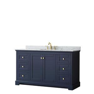 Avery 60 Inch Single Bathroom Vanity in Dark Blue White Carrara Marble Countertop Undermount Oval Sink and No Mirror