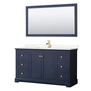 Avery 60 Inch Single Bathroom Vanity in Dark Blue White Cultured Marble Countertop Undermount Square Sink 58 Inch Mirror