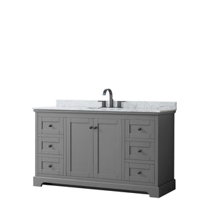 Avery 60 Inch Single Bathroom Vanity in Dark Gray White Carrara Marble Countertop Undermount Oval Sink Matte Black Trim