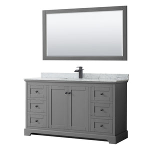 Avery 60 Inch Single Bathroom Vanity in Dark Gray White Carrara Marble Countertop Undermount Square Sink Matte Black Trim 58 Inch Mirror