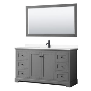 Avery 60 Inch Single Bathroom Vanity in Dark Gray White Cultured Marble Countertop Undermount Square Sink Matte Black Trim 58 Inch Mirror
