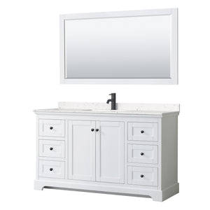 Avery 60 Inch Single Bathroom Vanity in White Carrara Cultured Marble Countertop Undermount Square Sink Matte Black Trim 58 Inch Mirror