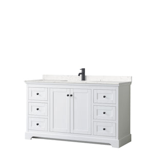 Avery 60 Inch Single Bathroom Vanity in White Carrara Cultured Marble Countertop Undermount Square Sink Matte Black Trim