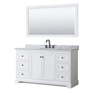 Avery 60 Inch Single Bathroom Vanity in White White Carrara Marble Countertop Undermount Oval Sink Matte Black Trim 58 Inch Mirror