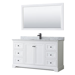 Avery 60 Inch Single Bathroom Vanity in White White Carrara Marble Countertop Undermount Square Sink Matte Black Trim 58 Inch Mirror