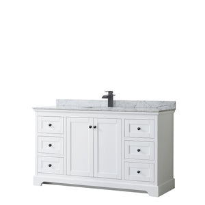 Avery 60 Inch Single Bathroom Vanity in White White Carrara Marble Countertop Undermount Square Sink Matte Black Trim