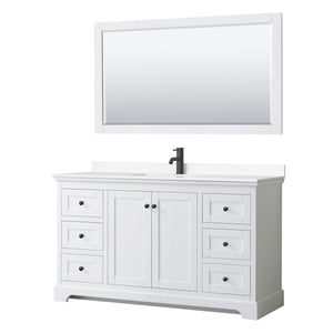 Avery 60 Inch Single Bathroom Vanity in White White Cultured Marble Countertop Undermount Square Sink Matte Black Trim 58 Inch Mirror