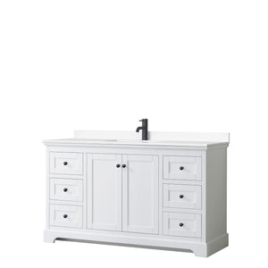 Avery 60 Inch Single Bathroom Vanity in White White Cultured Marble Countertop Undermount Square Sink Matte Black Trim