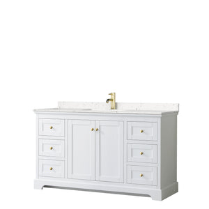 Avery 60 Inch Single Bathroom Vanity in White Carrara Cultured Marble Countertop Undermount Square Sink Brushed Gold Trim