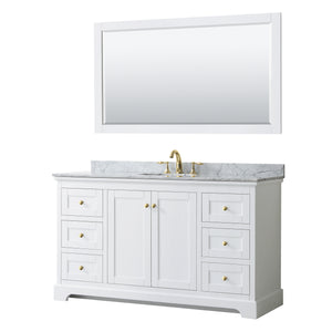 Avery 60 Inch Single Bathroom Vanity in White White Carrara Marble Countertop Undermount Oval Sink 58 Inch Mirror Brushed Gold Trim