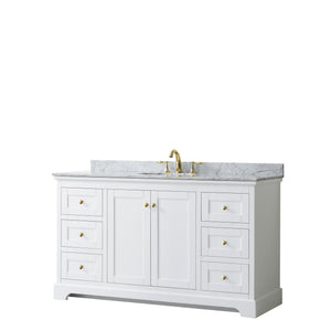 Avery 60 Inch Single Bathroom Vanity in White White Carrara Marble Countertop Undermount Oval Sink Brushed Gold Trim
