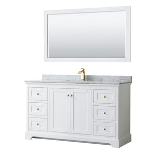 Avery 60 Inch Single Bathroom Vanity in White White Carrara Marble Countertop Undermount Square Sink 58 Inch Mirror Brushed Gold Trim