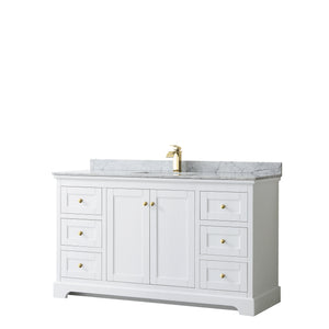Avery 60 Inch Single Bathroom Vanity in White White Carrara Marble Countertop Undermount Square Sink Brushed Gold Trim