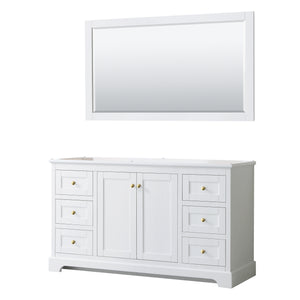 Avery 60 Inch Single Bathroom Vanity in White No Countertop No Sink 58 Inch Mirror Brushed Gold Trim