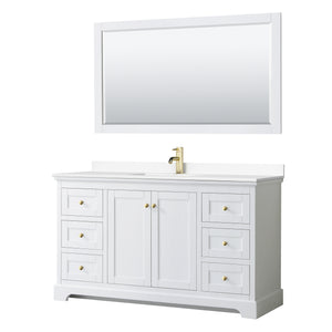 Avery 60 Inch Single Bathroom Vanity in White White Cultured Marble Countertop Undermount Square Sink 58 Inch Mirror Brushed Gold Trim