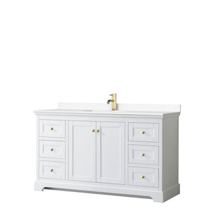 Avery 60 Inch Single Bathroom Vanity in White White Cultured Marble Countertop Undermount Square Sink Brushed Gold Trim