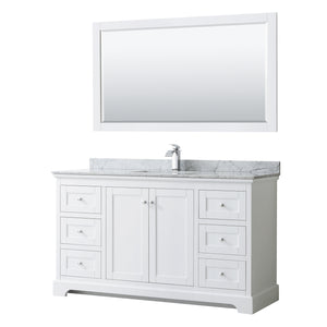 Avery 60 Inch Single Bathroom Vanity in White White Carrara Marble Countertop Undermount Square Sink and 58 Inch Mirror