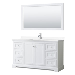 Avery 60 Inch Single Bathroom Vanity in White White Cultured Marble Countertop Undermount Square Sink 58 Inch Mirror