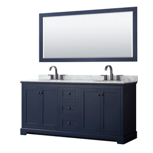 Avery 72 Inch Double Bathroom Vanity in Dark Blue White Carrara Marble Countertop Undermount Oval Sinks Matte Black Trim 70 Inch Mirror