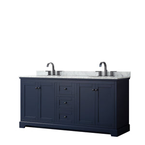 Avery 72 Inch Double Bathroom Vanity in Dark Blue White Carrara Marble Countertop Undermount Oval Sinks Matte Black Trim