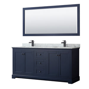 Avery 72 Inch Double Bathroom Vanity in Dark Blue White Carrara Marble Countertop Undermount Square Sinks Matte Black Trim 70 Inch Mirror