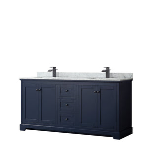 Avery 72 Inch Double Bathroom Vanity in Dark Blue White Carrara Marble Countertop Undermount Square Sinks Matte Black Trim