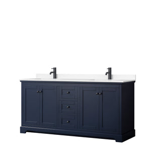 Avery 72 Inch Double Bathroom Vanity in Dark Blue White Cultured Marble Countertop Undermount Square Sinks Matte Black Trim