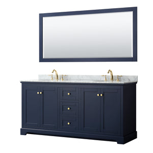 Avery 72 Inch Double Bathroom Vanity in Dark Blue White Carrara Marble Countertop Undermount Oval Sinks and 70 Inch Mirror