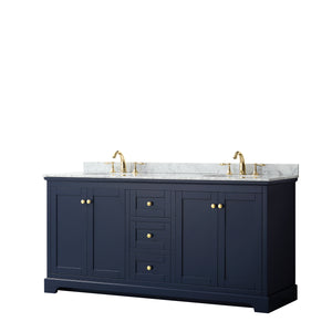 Avery 72 Inch Double Bathroom Vanity in Dark Blue White Carrara Marble Countertop Undermount Oval Sinks and No Mirror