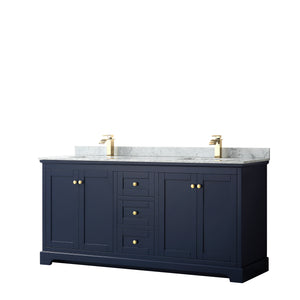 Avery 72 Inch Double Bathroom Vanity in Dark Blue White Carrara Marble Countertop Undermount Square Sinks and No Mirror