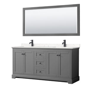 Avery 72 Inch Double Bathroom Vanity in Dark Gray Carrara Cultured Marble Countertop Undermount Square Sinks Matte Black Trim 70 Inch Mirror