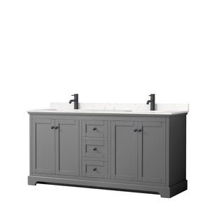 Avery 72 Inch Double Bathroom Vanity in Dark Gray Carrara Cultured Marble Countertop Undermount Square Sinks Matte Black Trim
